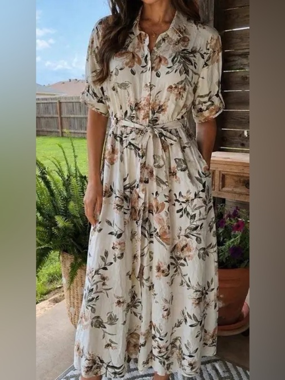 Calvin Klein Cream Midi Shirt Dress with Yellow Floral Print